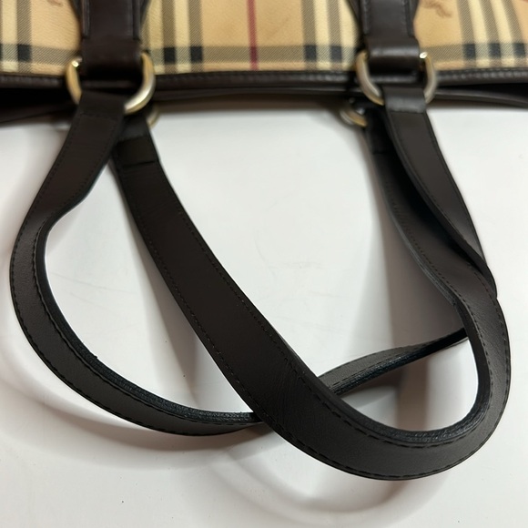 💯Authentic  BURBERRY HAYMARKET CHECK TOTE BAG LEATHER  HANDBAGS WOMEN🍀 - Picture 8 of 17